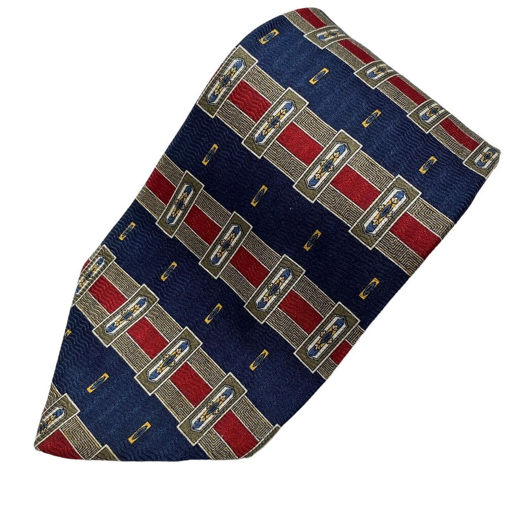 Vintage Oscar de la Renta Men's Necktie Tie Blue Maroon Geometric Silk Designer